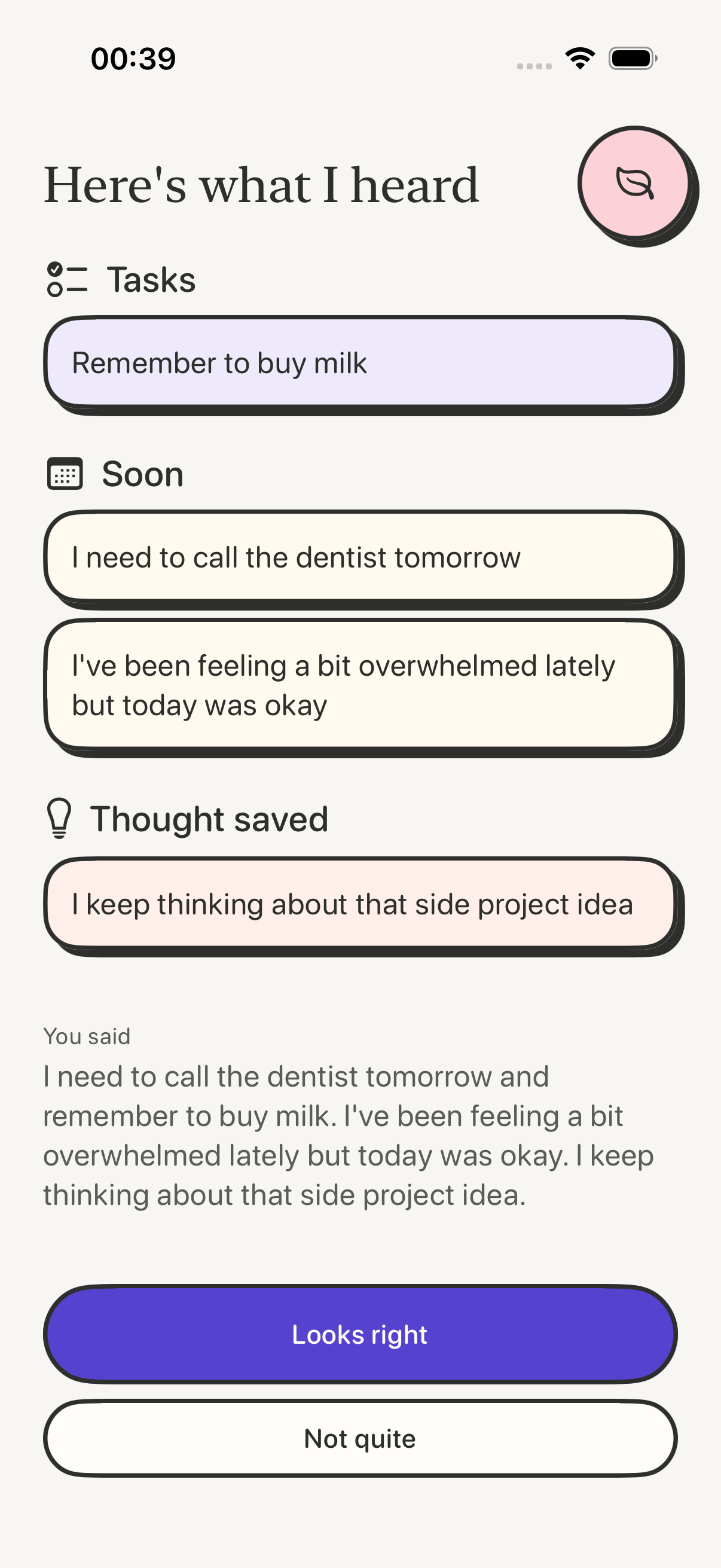A sorted view showing tasks, soon, and a saved thought