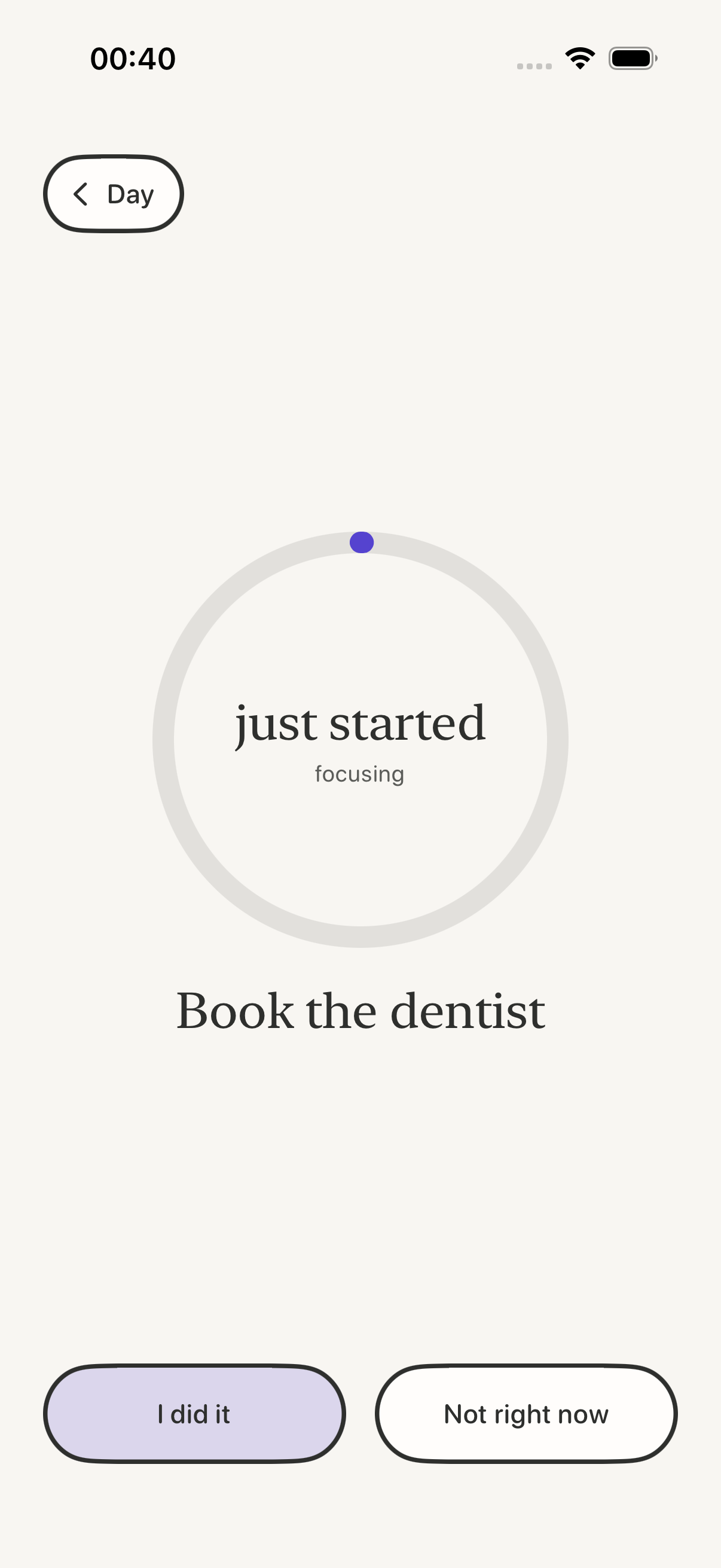Focus mode with a single task and a gentle timer