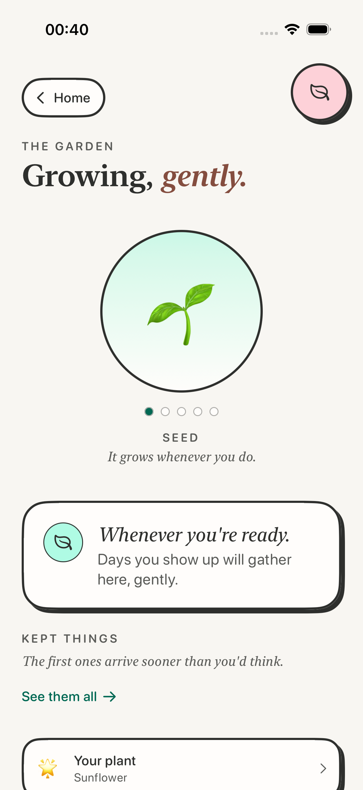 The Garden screen with a small growing sprout